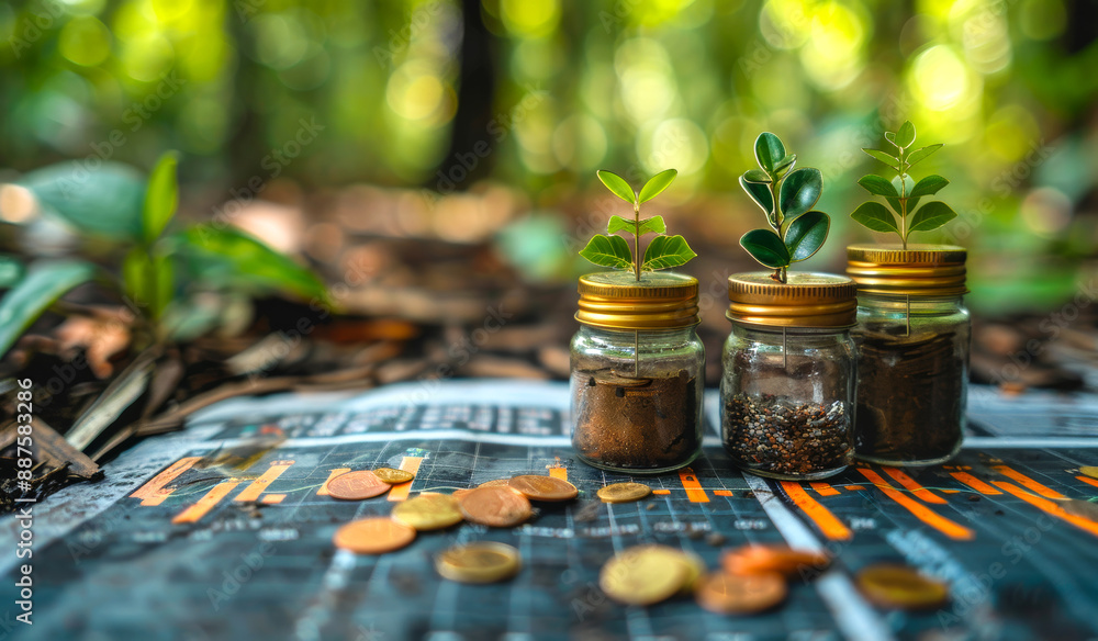 Poster three small plants are in glass jars on a table with a piece of paper with numbers on it