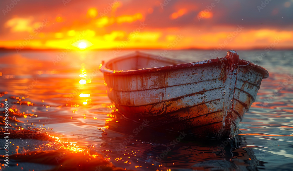 Poster a boat is floating in the ocean with the sun setting in the background