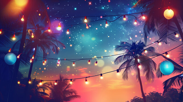A vibrant night summer party advertisement background features a dazzling array of colorful lights and a starry sky