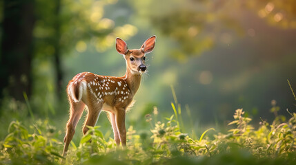 A whitetail deer fawn stands gracefully in a lush, green field during summer. The young deer, with its characteristic white spots and soft fur