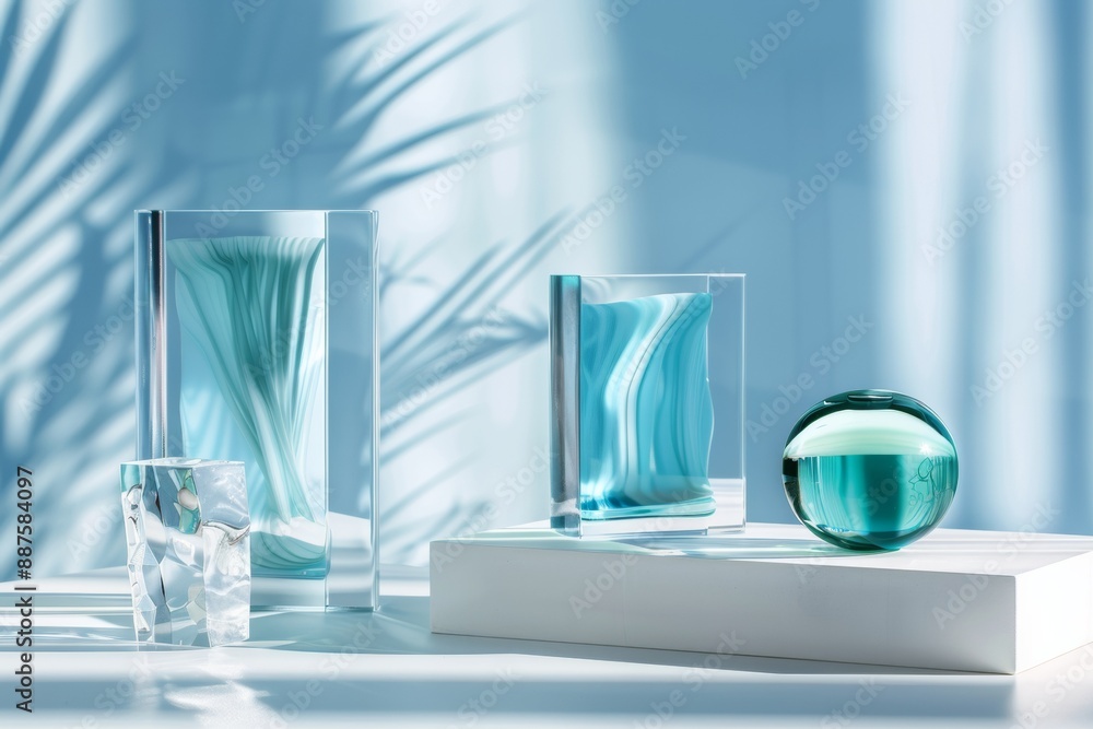 Poster elegant display of glass art pieces in a modern setting with sunlight casting stunning shadows