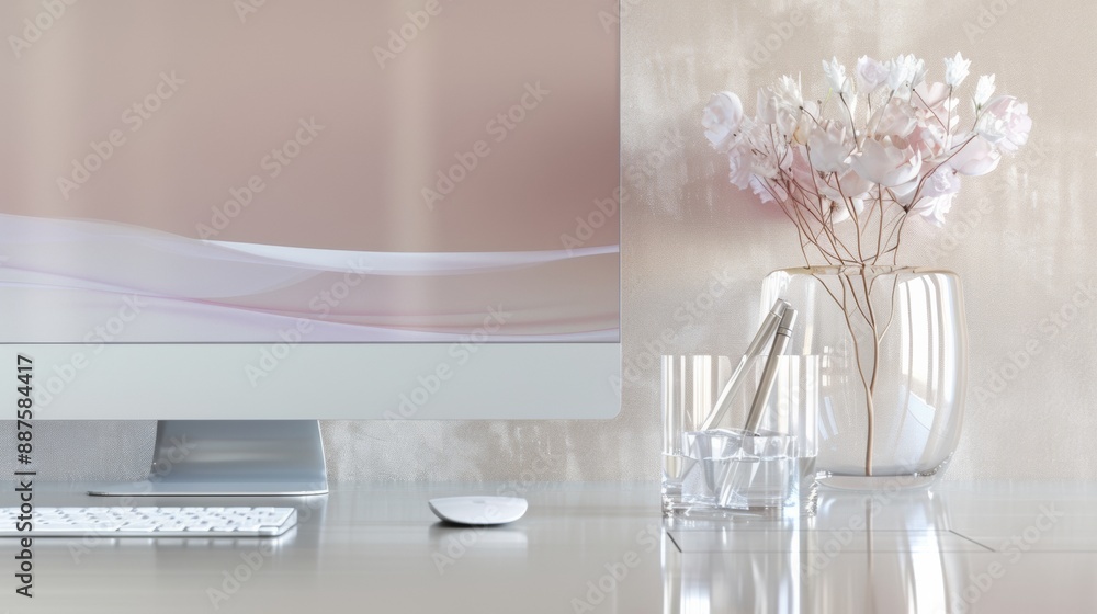 Poster modern glass-themed office desk setup with sleek transparent design elements and professional ambian