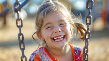 A joyful 3-year-old girl delights in outdoor summer activities on a vibrant playground. She swings happily, her laughter echoing as she climbs and explores colorful equipment under the warm sun