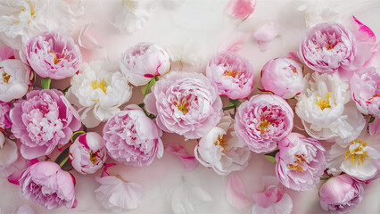 Luxurious romantic illustration of delicate peony flowers with soft light background, perfect for wedding greeting cards and elegant decor themes. 