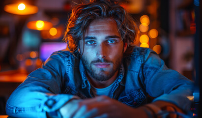 Obraz premium A man with a beard and blue jacket is sitting in front of a computer screen