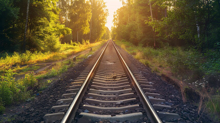 Fototapeta premium Empty railway tracks stretch through a lush summer landscape, the warm sunlight casting long shadows on the rails, evoking a sense of journey and adventure