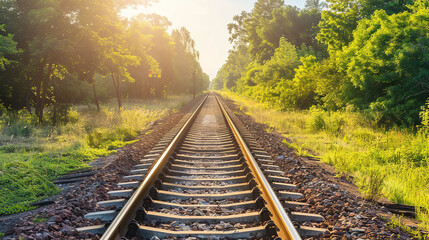 Obraz premium Empty railway tracks stretch through a lush summer landscape, the warm sunlight casting long shadows on the rails, evoking a sense of journey and adventure
