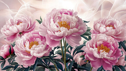 Luxurious romantic illustration of delicate peony flowers with soft light background, perfect for wedding greeting cards and elegant decor themes. 