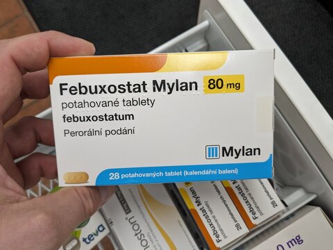 Prague, Czech Republic - July 10 2024: FEBUXOSTAT MYLAN box of medication with FEBUXOSTAT active substance by MYLAN, used for treatment of gout and hyperuricemia.

