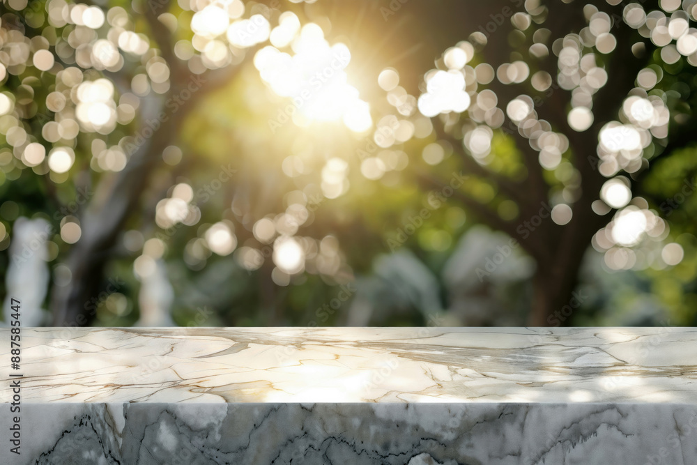 Aufkleber empty marble table top is shining with sunlight in blurred park background for product display
