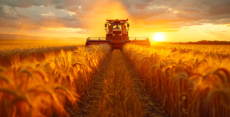 A tractor is driving through a field of golden wheat