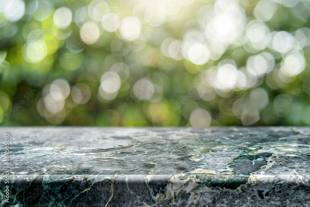 Aufkleber empty marble table top over blurred green bokeh background, for product display montage