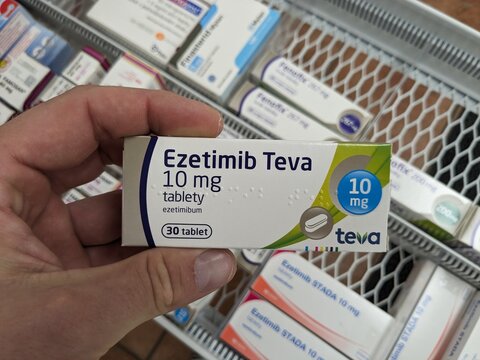 Prague, Czech Republic - July 10 2024: EZETIMIB TEVA box of medication with EZETIMIBE active substance by TEVA, used for cholesterol management and cardiovascular health.

