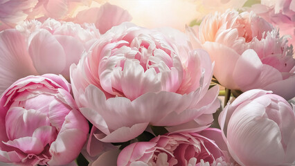 Luxurious romantic illustration of delicate peony flowers with soft light background, perfect for wedding greeting cards and elegant decor themes. 