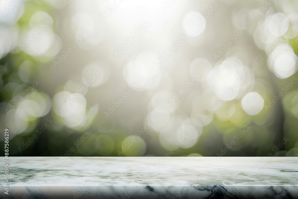 Poster Empty marble table with a bright green bokeh background, creating a serene space for product display