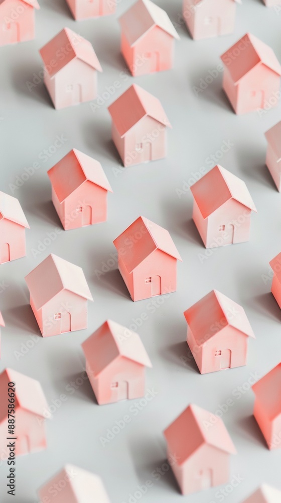 Poster uniform pastel pink houses on a grey background illustrating simplicity and repetition in a graphica
