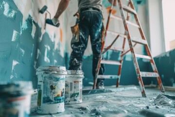 A dynamic scene of a person painting a wall in their home, with paint cans, rollers, and a ladder, showcasing the process of transforming a living space