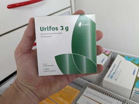 Prague, Czech Republic - July 10 2024: URIFOS box of medication with FOSFOMYCIN active substance by ZAMBON, used for treatment of urinary tract infections.

