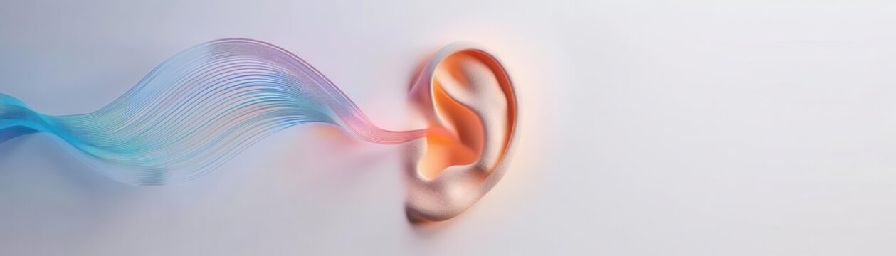 Closeup of an ear surrounded by colorful sound waves, representing the active reception of words, engaged listening