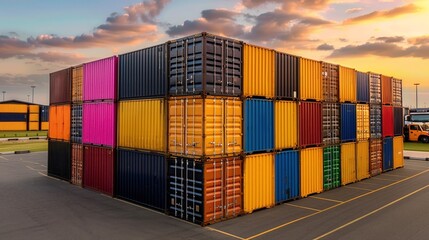 Fototapeta premium Stacked colorful shipping containers under a vibrant sunset sky, showcasing global trade and logistics at a bustling port.