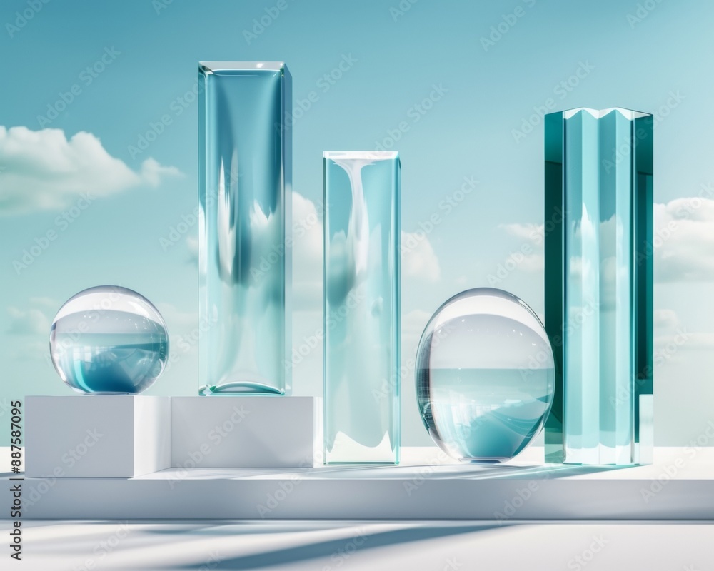 Poster Modern Artistic Display of Glass Shapes with Frosted and Transparent Effects in a Contemporary Setting