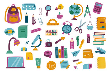 Childrens school collection. Childrens school elements set. Back to school concept. School set.