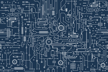 AI concept. Circuit board illustration in the outline. Technology background. Abstract AI circuit board seamless pattern.