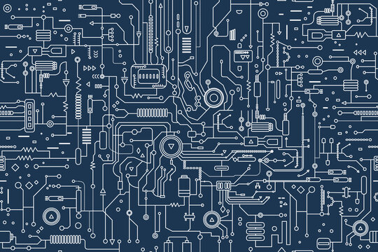 AI concept. Circuit board illustration in the outline. Technology background. Abstract AI circuit board seamless pattern.