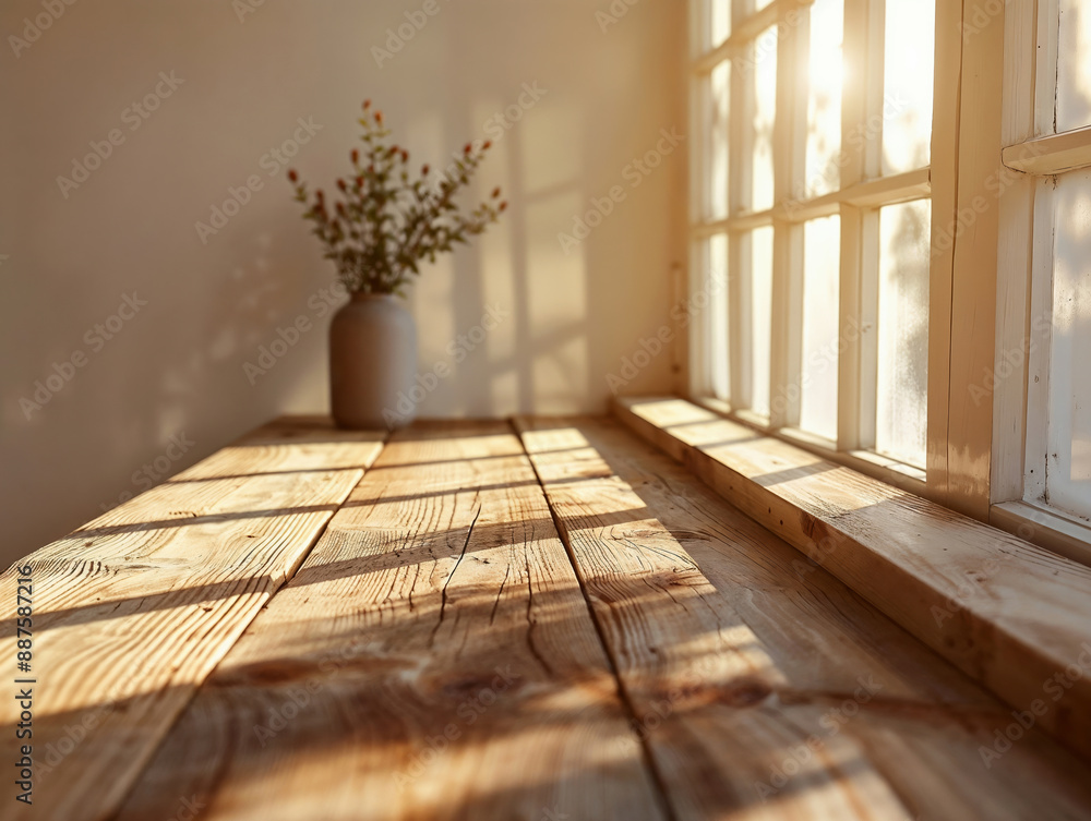 Poster empty wooden table illuminating by sunlight from window creating beautiful shadows in cozy room