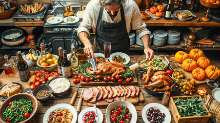 Chef arranging thanksgiving dishes on rustic kitchen table