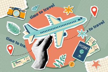 Summer vacation plane ticket. Summer and travel concept. Travel banner with stickers. Summer travel destinations. © Julia Anisimova