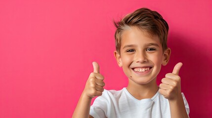Smiling young boy giving thumbs up, on a solid color background.