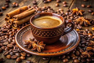 A cup of coffee with a flower on a saucer