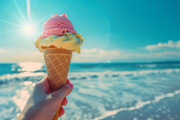 Refreshing Summer Vibes: Unidentifiable Person Holding Colorful Ice Cream Cone on Sunny Beach