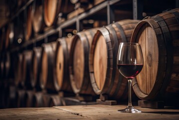 A wine glass is sitting on a wooden table in front of a row of barrels
