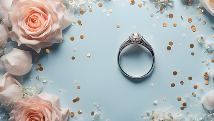 Top view close up of wedding daimond ring adorned layout nude color roses on pastel blue scene background