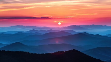 Fototapeta premium Mountain Sunset: The sun descends behind rugged peaks, their silhouettes etched against a vivid sky ablaze with hues of orange, pink, and purple, a majestic mountain twilight. 