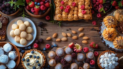 A festive Friendship Day dessert table filled with various sweets and pastries, friends laughing and enjoying treats together