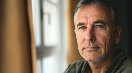 Obraz premium Portrait of mature man with grey hair and stubble indoors.