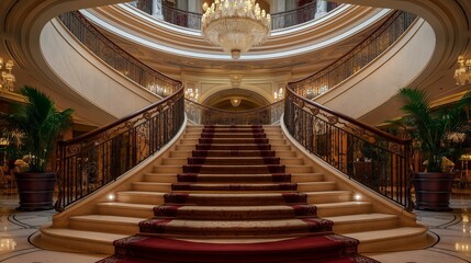 Elegant grand staircase with chandelier in luxurious interior.