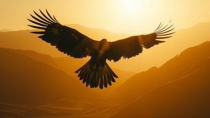 Obraz premium Eagle soaring at sunrise over mountain landscape.