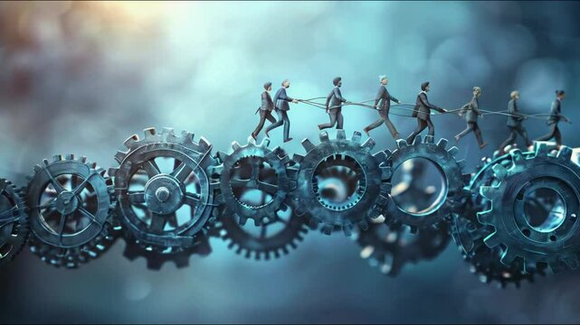 Business bridge of gears symbolizing industry success and teamwork.