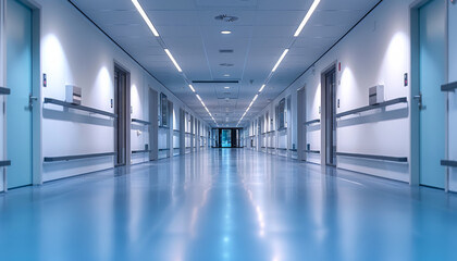 Obraz premium A long hallway with white walls and blue floors. The hallway is empty and the lights are on