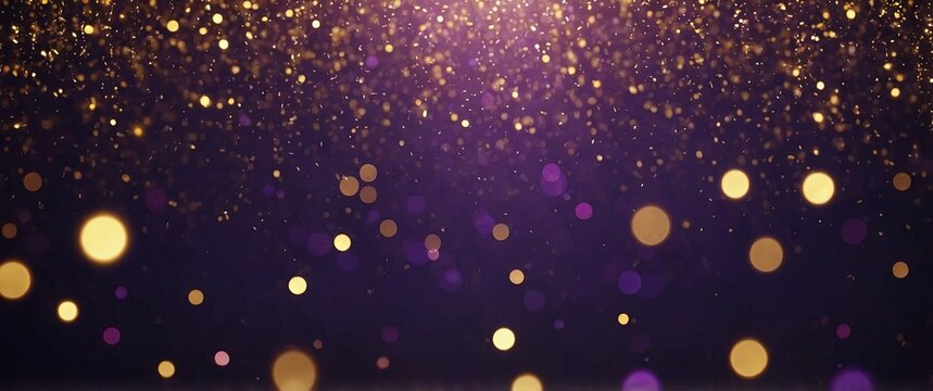Decoration twinkle lights background, abstract shiny backdrop with circles, modern design overlay with sparkling glimmers Purple and golden backdrop glittering sparks with glow effect,.