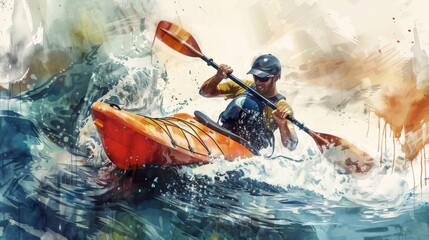 Fototapeta premium Watercolor design of a man doing extreme kayaking