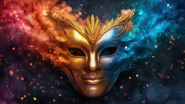 Vibrant dual-colored masquerade mask with gold and blue hues against a dynamic bokeh background, symbolizing mystery and celebration.