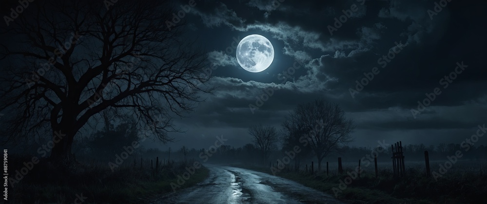 Wall mural epic spooky night scene with a full moon shining on a misty stormy sky horror concept art.