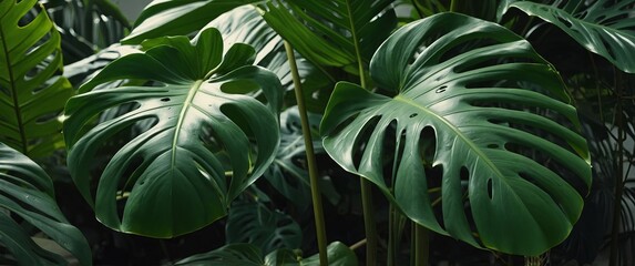close up view of green plant monstera leaves leaves green aesthetic, aesthetic monstera leaves background.