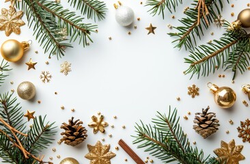 Christmas card mockup surrounded by festive pine branches, ornaments, and golden decorations