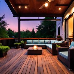 Home with furniture patio at twilight.